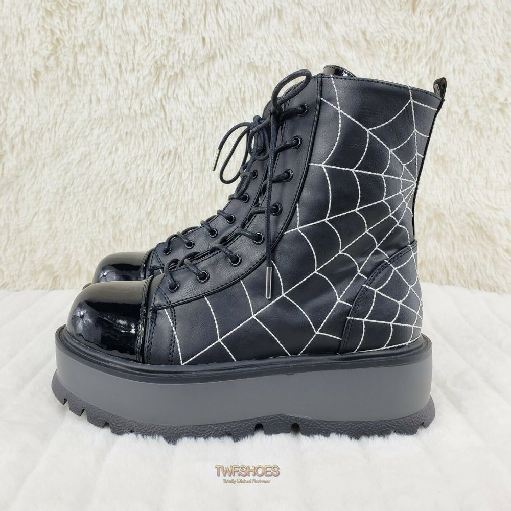 RESTOCKED Slacker 88 Black Matte Spider Web Design Up Ankle Boots